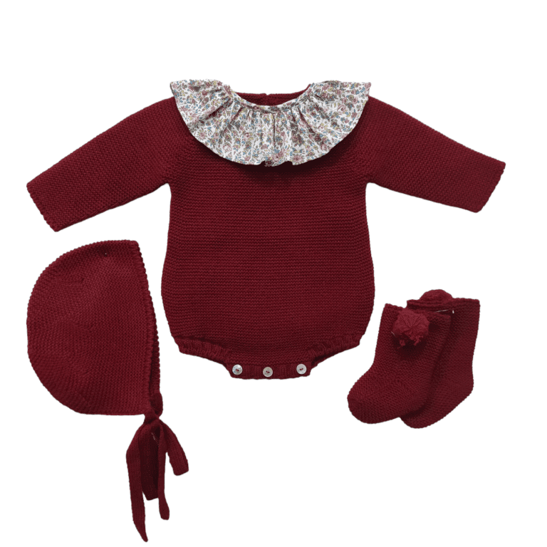 Conjunto pelele corto liso + capota + botitas Borgoña CH50