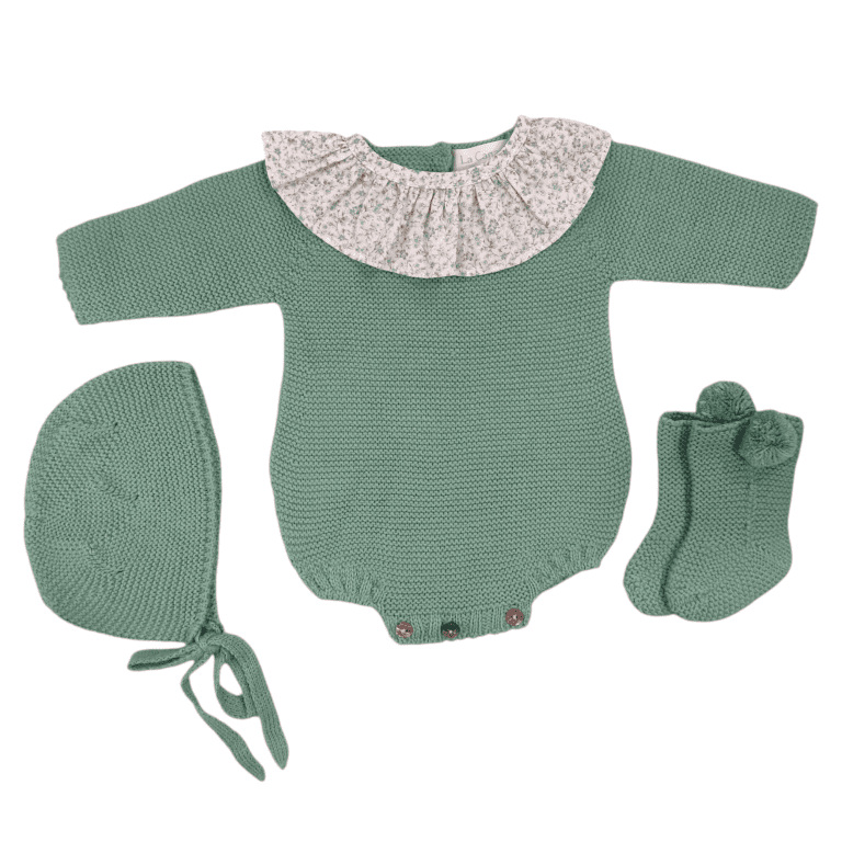 Conjunto pelele corto liso + capota + botitas Verde Esmeralda CH72