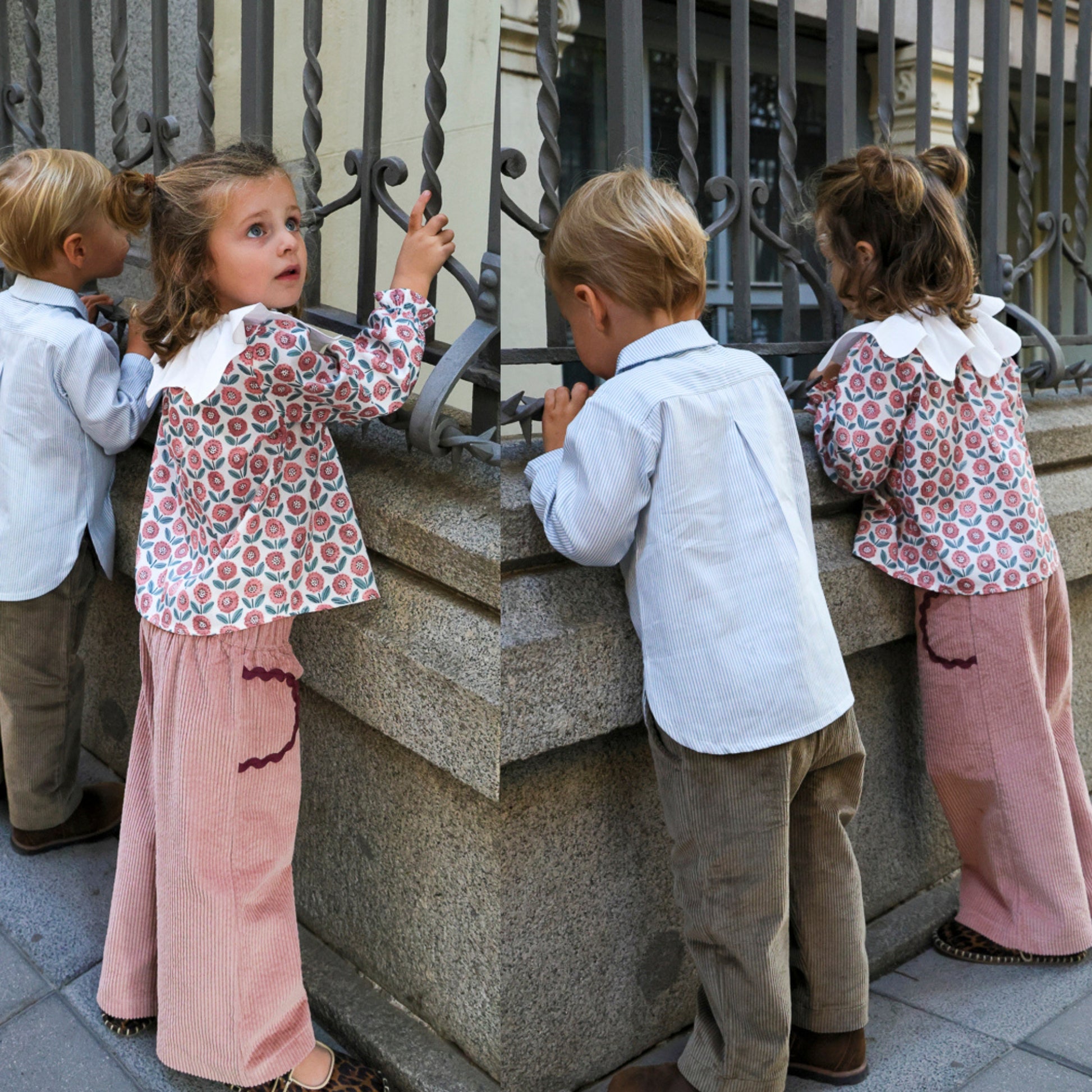 Pantalón ancho pana rosa zigzag burdeos