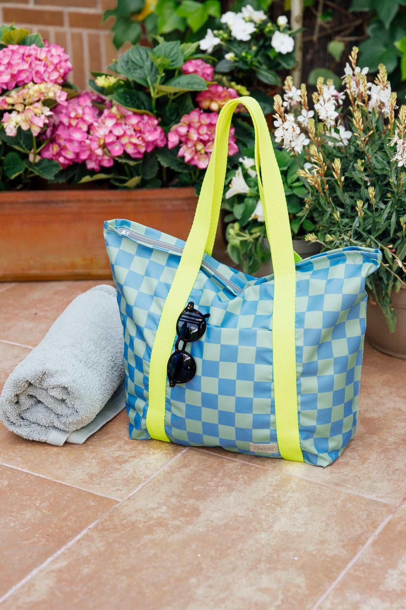Bolsa playa impermeable pequeña vichy azul y verde