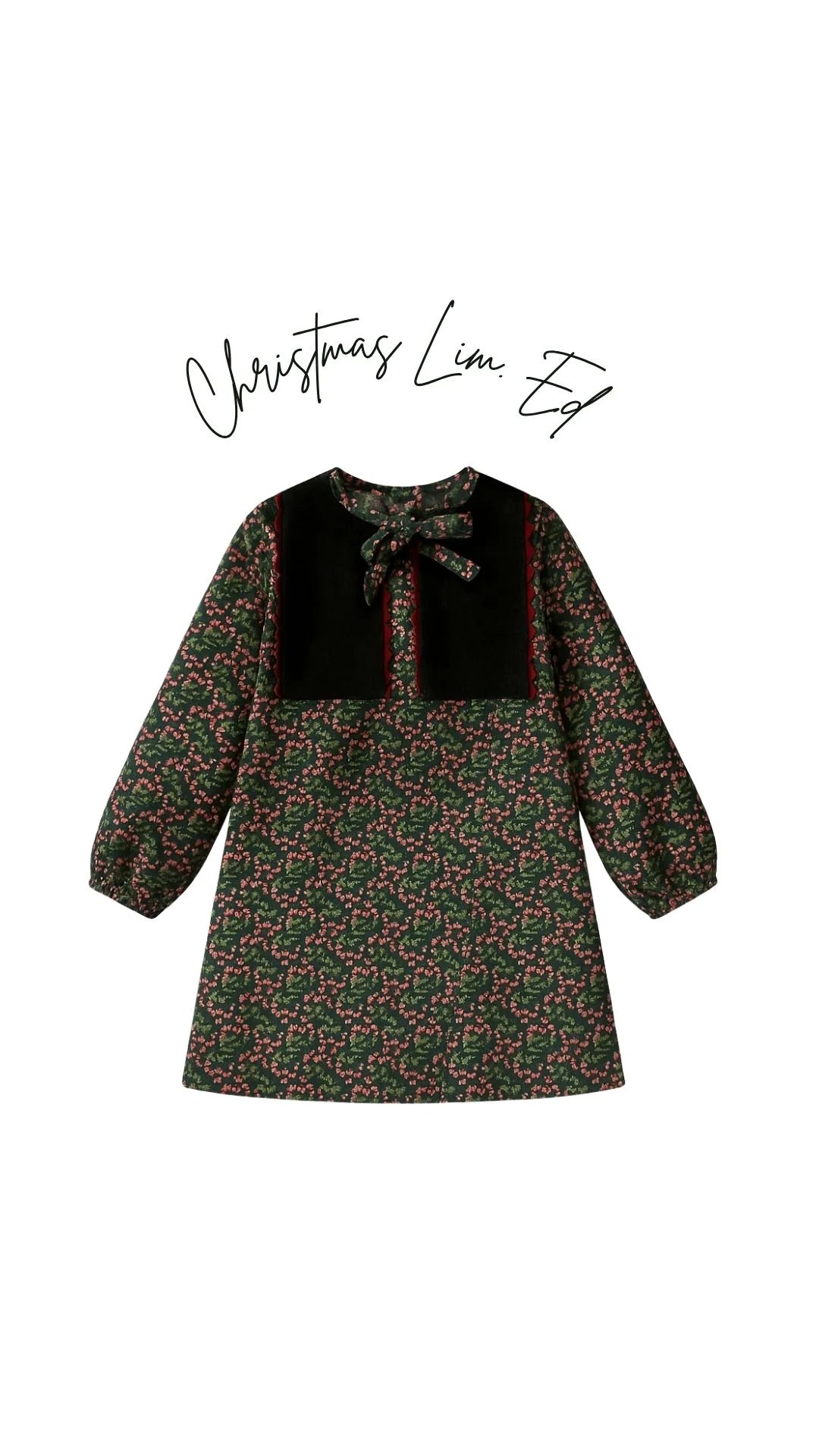 Vestido Navidad verde con pechera flores rojas