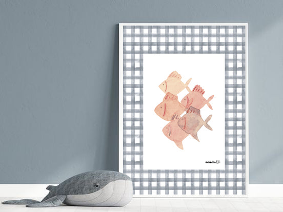 Lámina Peces rosas vichy negro 21x30