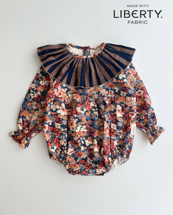 Pelele cuello volante Castaño - rayas y flores