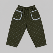 Pantalón largo globo polka dots verde kaki y azul celeste