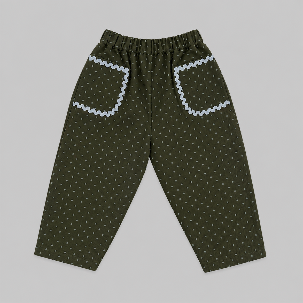 Pantalón largo globo polka dots verde kaki y azul celeste