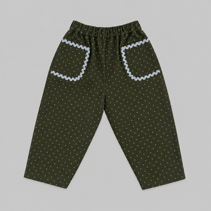 Pantalón largo globo polka dots verde kaki y azul celeste
