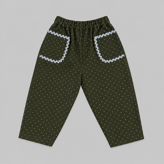 Pantalón largo globo polka dots verde kaki y azul celeste