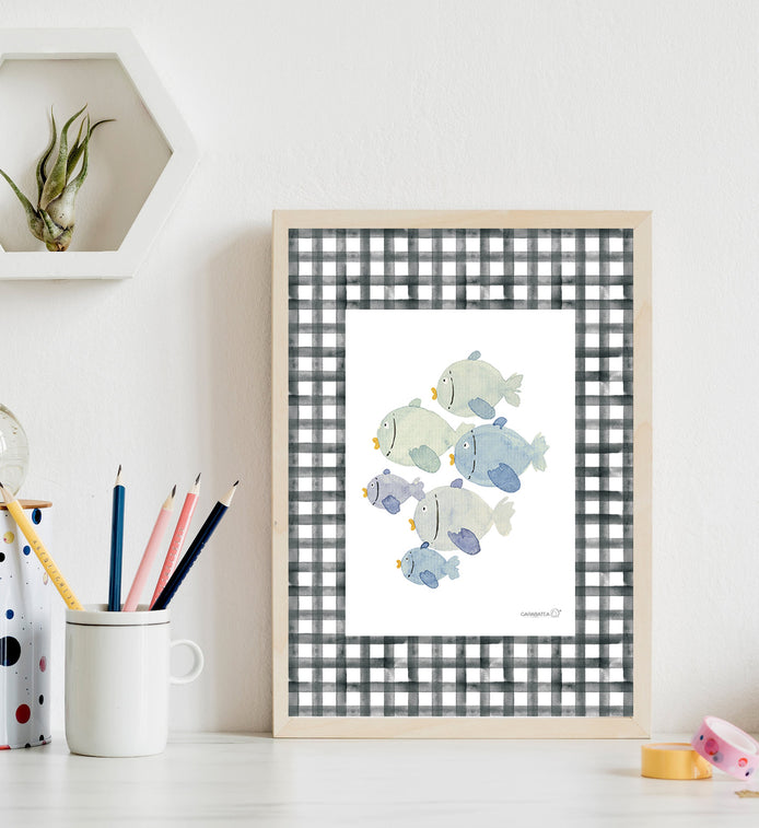 Lámina Peces azules vichy negro 21x30
