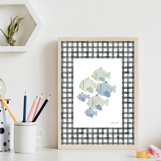 Lámina Peces azules vichy negro 21x30