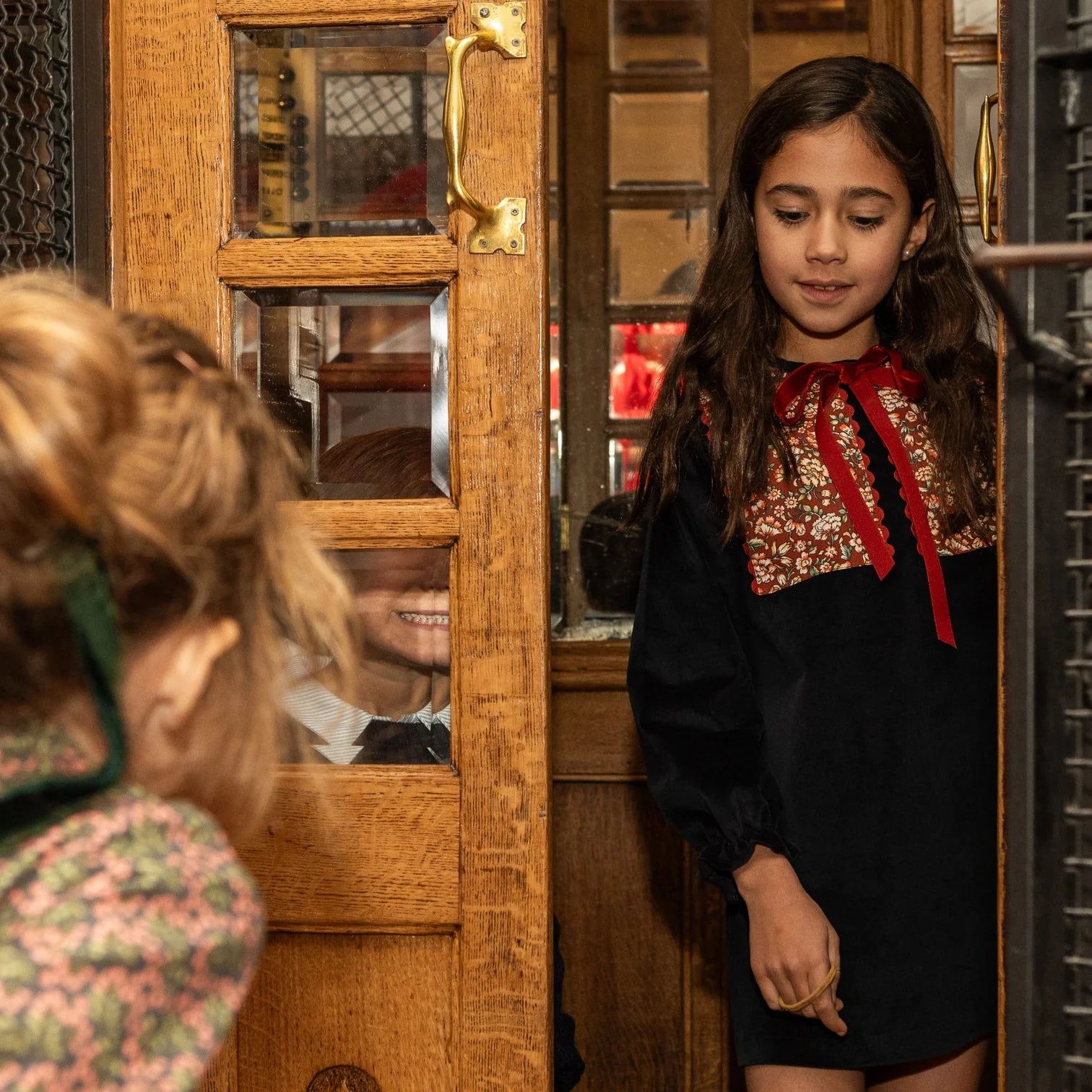 Vestido Navidad azul detalle burdeos pecho