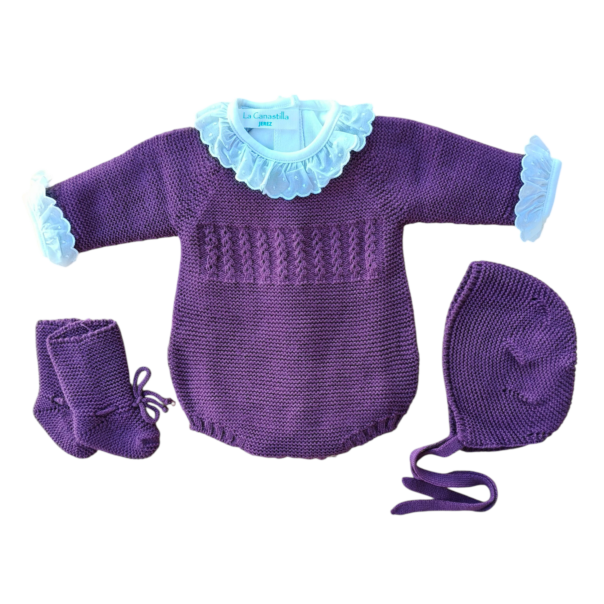 Conjunto Pelele Corto Ochos + Capota + Botitas Berenjena (CH74)