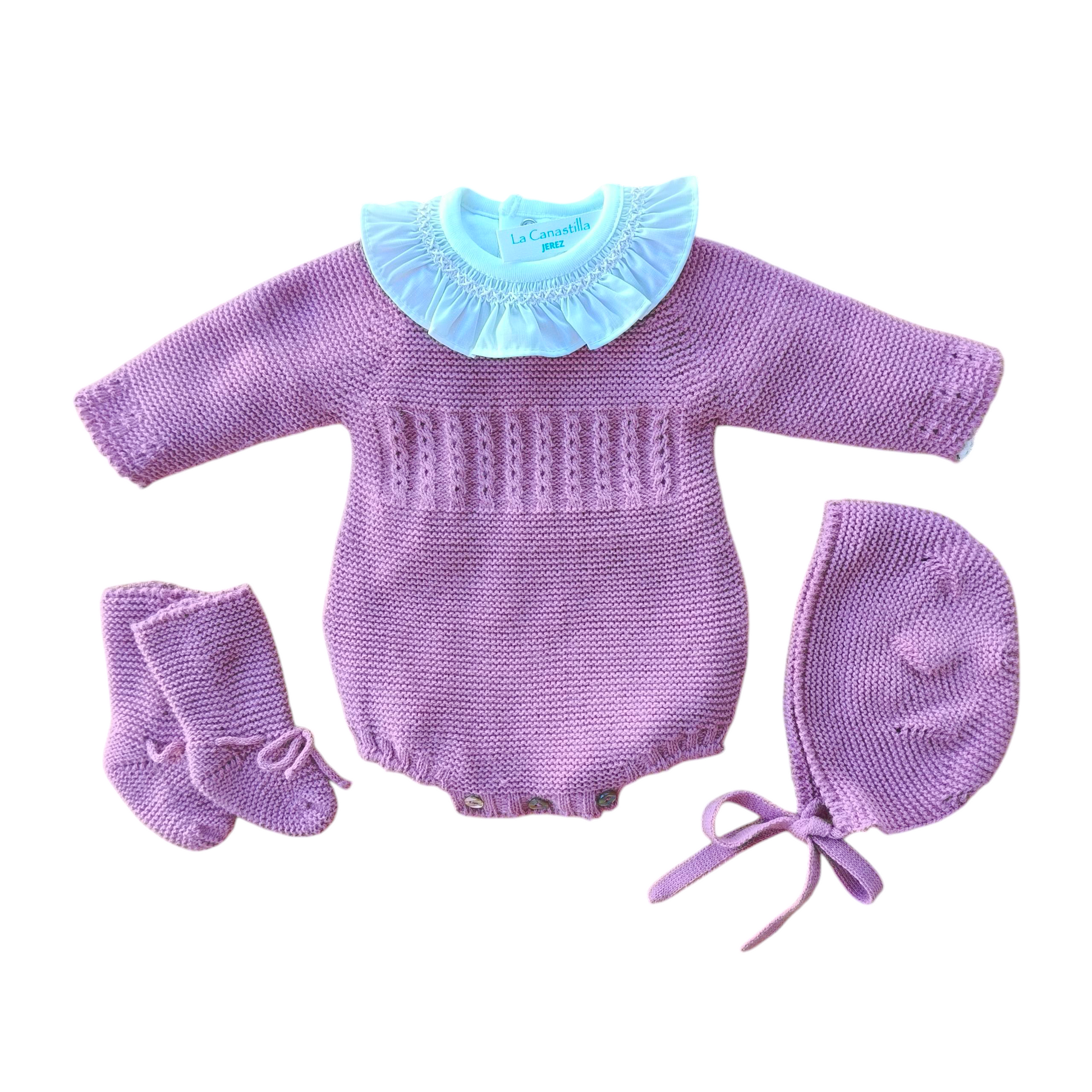 Conjunto Pelele Corto Ochos + Capota + Botitas Tamarisco Claro (CH42)