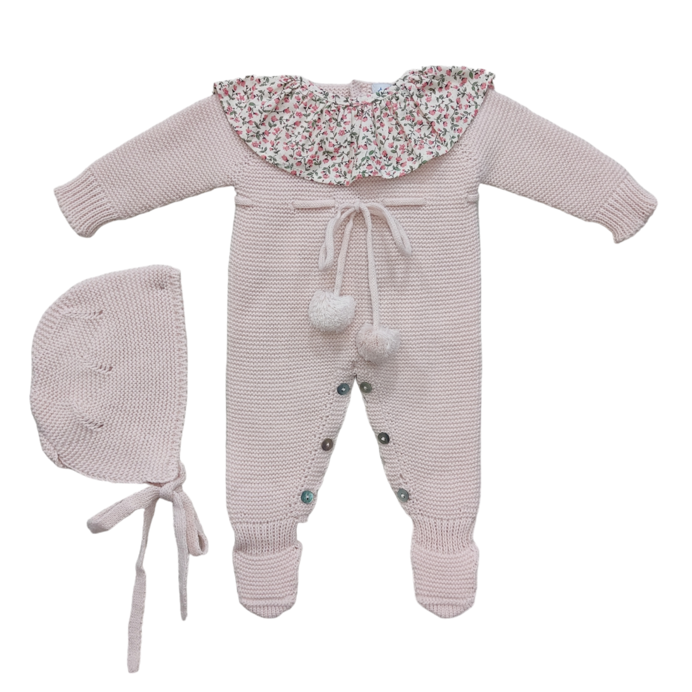 Conjunto pelele largo borlón + capota rosa nude CH45