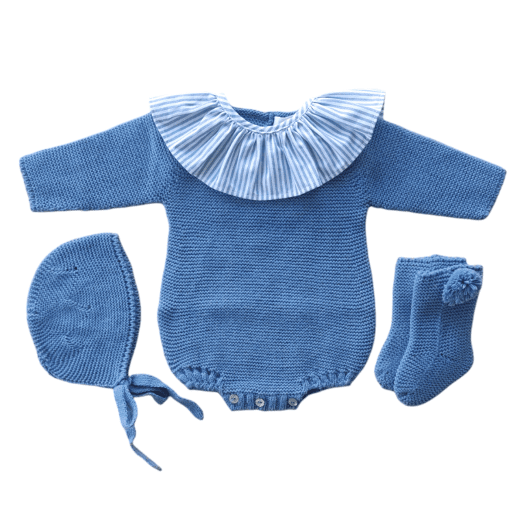 Conjunto pelele corto liso + capota + botitas Azul Francia CH12