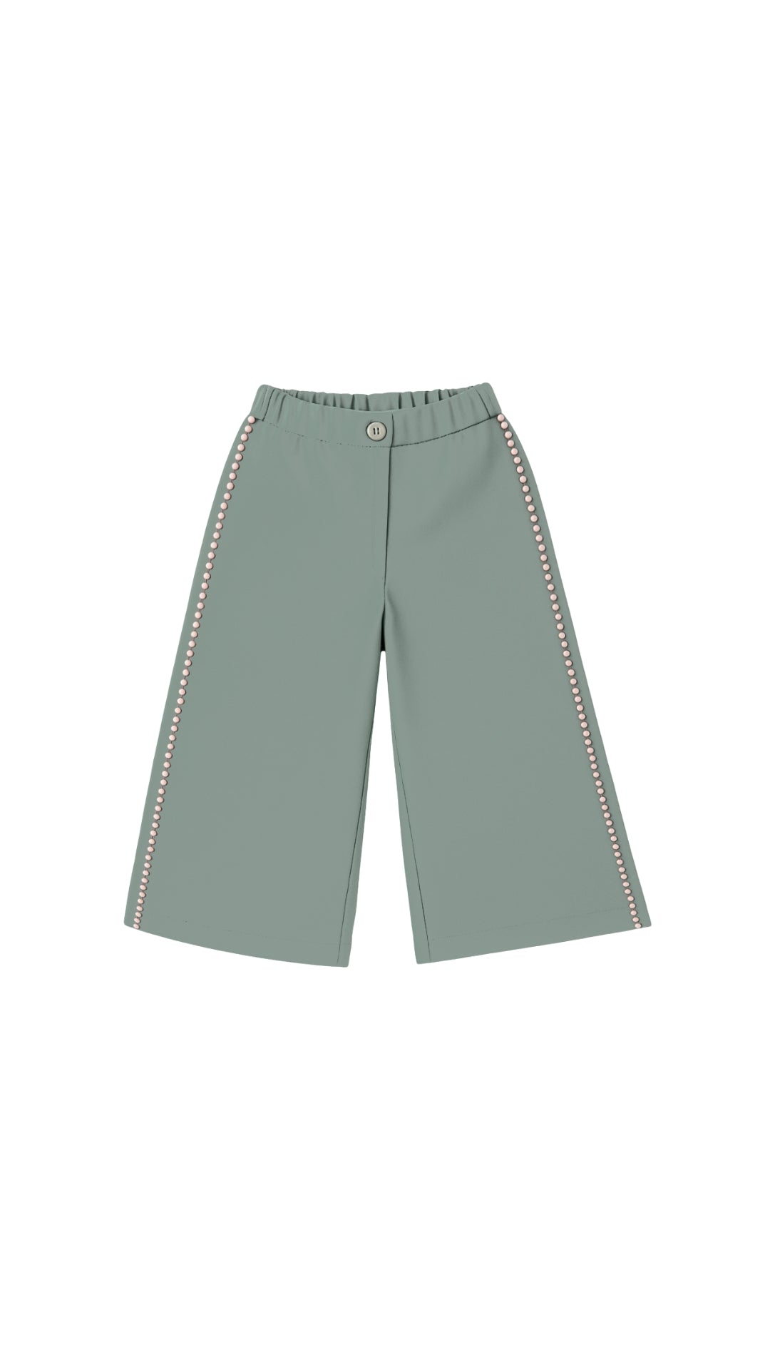 Pantalón largo ancho liquen kaki borlas rosas