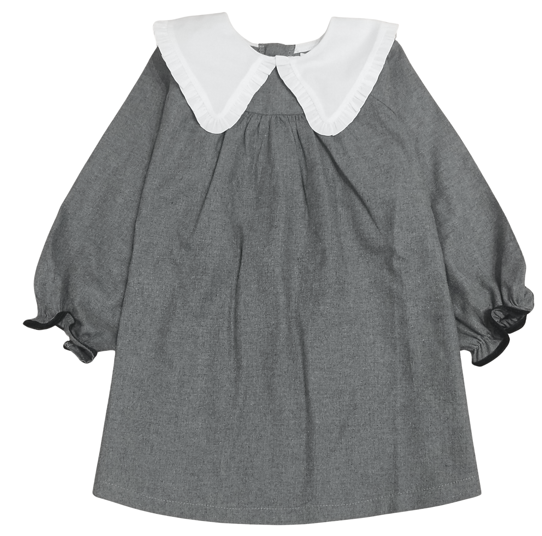 Vestido franela gris melange cuello voile blanco