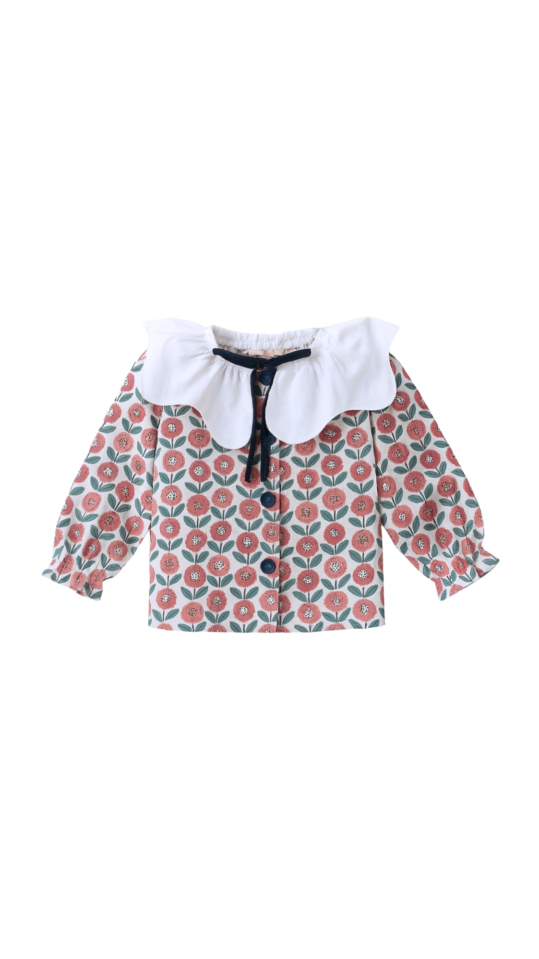 Blusa flores teja con cuello blanco y lazada azul
