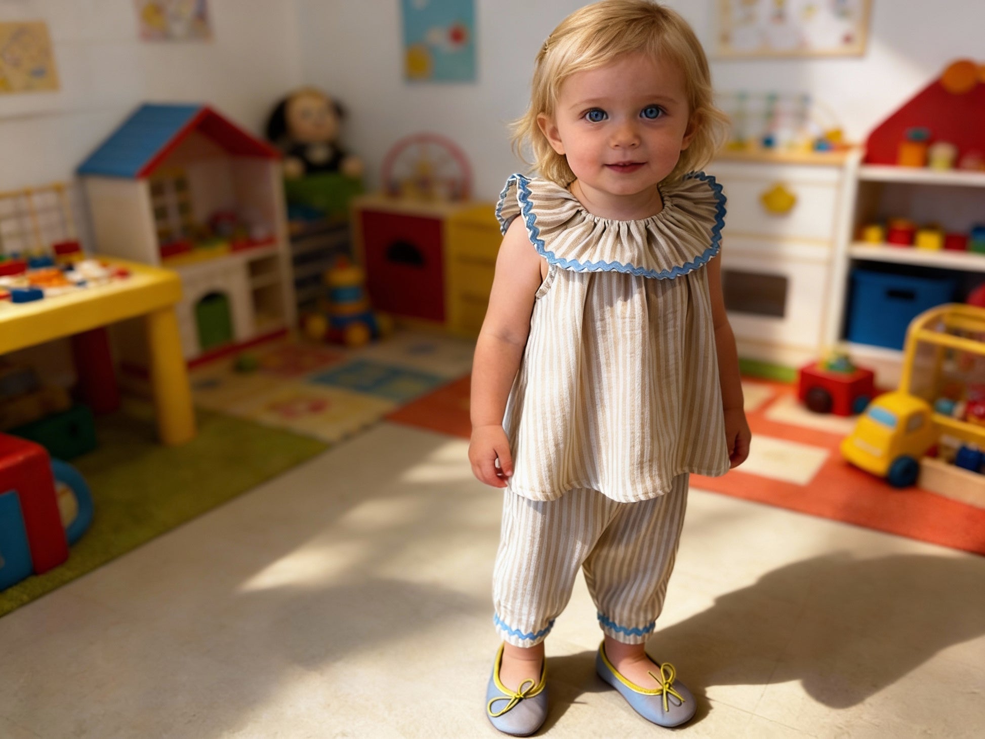 Pantalón globo rayas beige